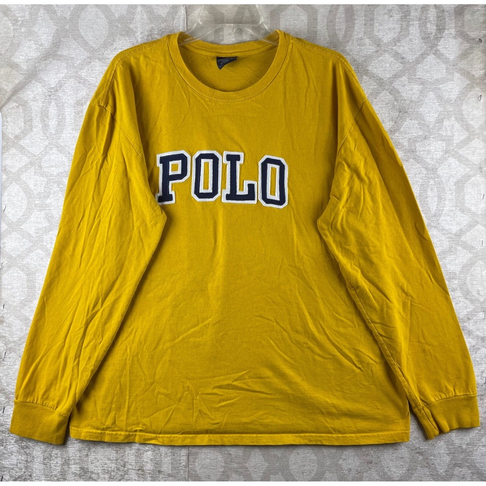Vintage Polo Ralph Lauren Men L Yellow Spellout Logo Long Sleeve T-Shirt Cotton‎